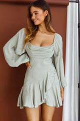Beaujolais Long Sleeve Cowl Neckline Ruffle Satin Mini Dress Pistachio