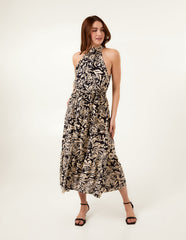 Tropical Print Halter Neck Belted Waist Midi Dress
