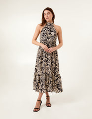 Tropical Print Halter Neck Belted Waist Midi Dress