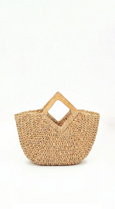 Sandra Faux Straw Wood Handle Tote Bag - Beige
