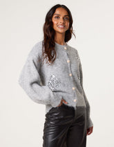 Diamante Sequin Brochure Button Front Cardigan