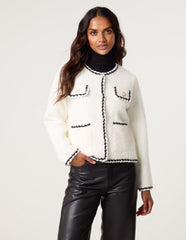 Fluffy Knit Contrast Trim Button Front Cardigan