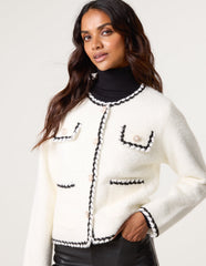 Fluffy Knit Contrast Trim Button Front Cardigan