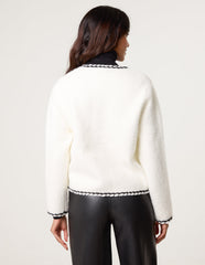 Fluffy Knit Contrast Trim Button Front Cardigan