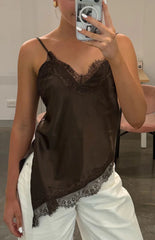 Ziva Brown Satin Lace Asymmetrical Top - PRE ORDER