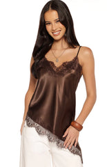 Ziva Brown Satin Lace Asymmetrical Top - PRE ORDER
