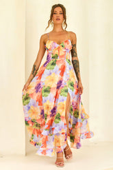 Azure Bloom Chiffon Maxi Dress - Orange Multi