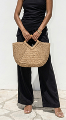 Sandra Faux Straw Wood Handle Tote Bag - Beige