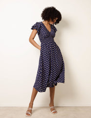 Polka Dot Elastic V Neck Midi Dress
