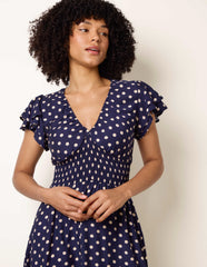 Polka Dot Elastic V Neck Midi Dress