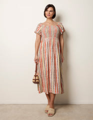 Short Sleeve Shirred Waist Abstract Print Dress
