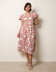 V Neck Frill Sleeve Printed Midi Dress
