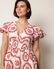 V Neck Frill Sleeve Printed Midi Dress