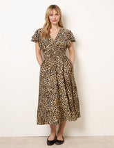 Animal Double Frill Shirred Waist Midi Dress