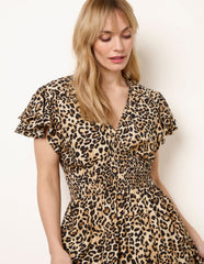 Animal Double Frill Shirred Waist Midi Dress