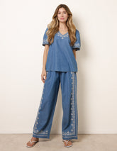 Floral Embroidery Wide-Leg Trousers