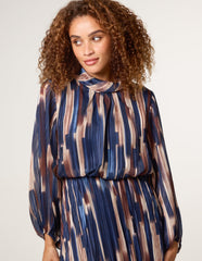 High Neck Printed Dress With Elasticated Waist