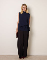 Sleeveless Cowl Tie Front Chiffon Blouse
