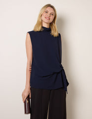 Sleeveless Cowl Tie Front Chiffon Blouse