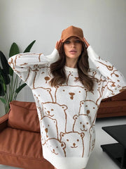 Smiley Polar Bear Knit Sweater Dress - White