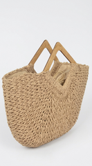 Sandra Faux Straw Wood Handle Tote Bag - Beige
