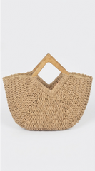 Sandra Faux Straw Wood Handle Tote Bag - Beige