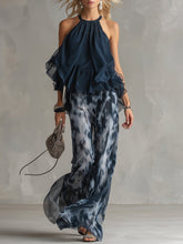Ludovica – Elegant chiffon set with high-neck top and wide-leg printed trousers • S1