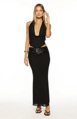 Saedee Black Mesh Sequin Band Maxi Skirt