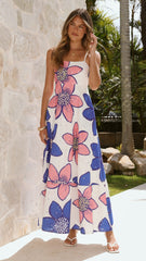 Norah Eyelet Maxi Dress - Botanic Blue/Pink Print