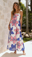 Norah Eyelet Maxi Dress - Botanic Blue/Pink Print