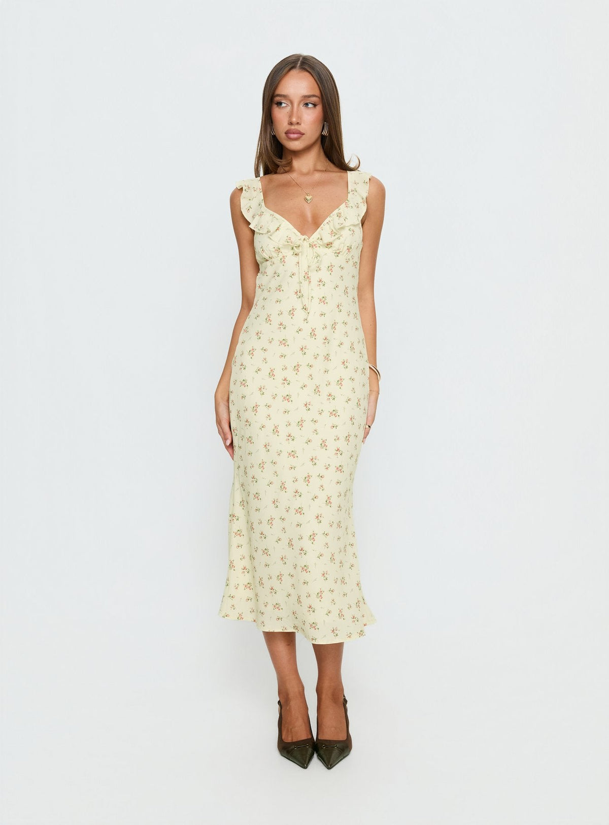 Leabelle Frill V Neck Maxi Dress Yellow Floral