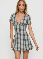Twist Of Fate V Neck Mini Dress Navy Plaid