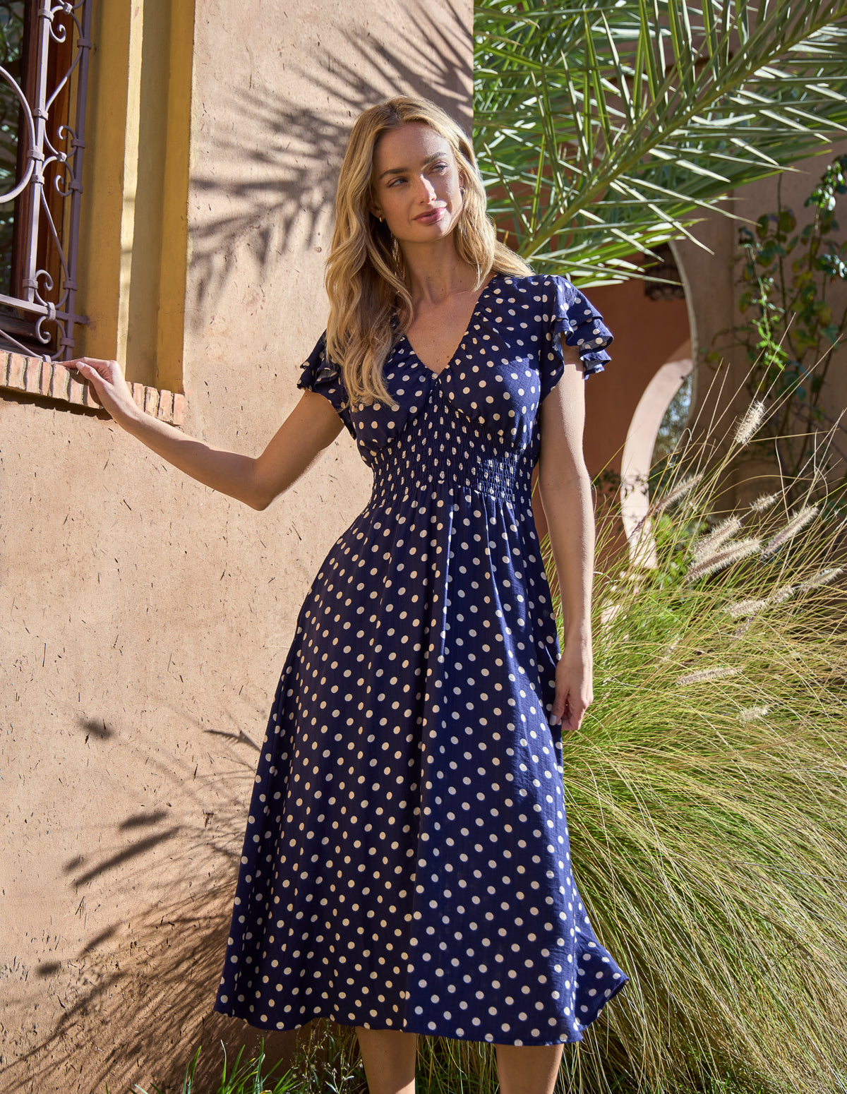 Polka Dot Elastic V Neck Midi Dress