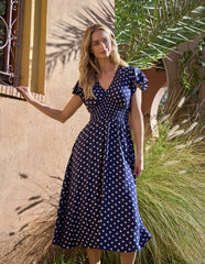 Polka Dot Elastic V Neck Midi Dress