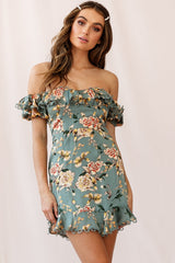 Bobby Bardot Neckline Puff Sleeve Dress Olive