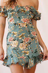Bobby Bardot Neckline Puff Sleeve Dress Olive