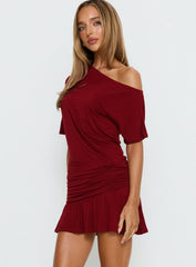Haylo Off Shoulder Drape Mini Dress Burgundy