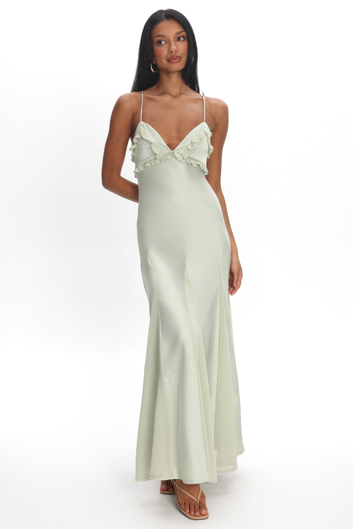Caryn Frill Trim Godet Maxi Dress Sage