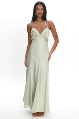 Caryn Frill Trim Godet Maxi Dress Sage