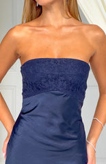 Audrey Navy Lace Strapless Midi Dress