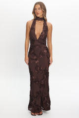 Cipriana Backless Halter Maxi Dress Embellished Brown