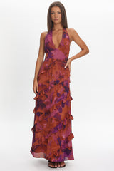 Flirt Frill Trim Halter Maxi Dress Dark Rose