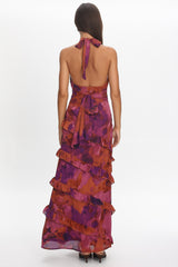 Flirt Frill Trim Halter Maxi Dress Dark Rose