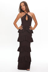 Dulce Dreams Halterneck Frill Maxi Dress Chocolate