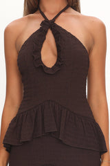 Dulce Dreams Halterneck Frill Maxi Dress Chocolate