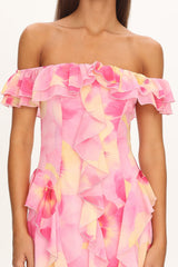 Scarlet Off-Shoulder Ruffle Trim Maxi Dress Print Pink