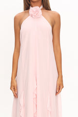 Lecce Halterneck Ruffle Trim Maxi Dress Blush