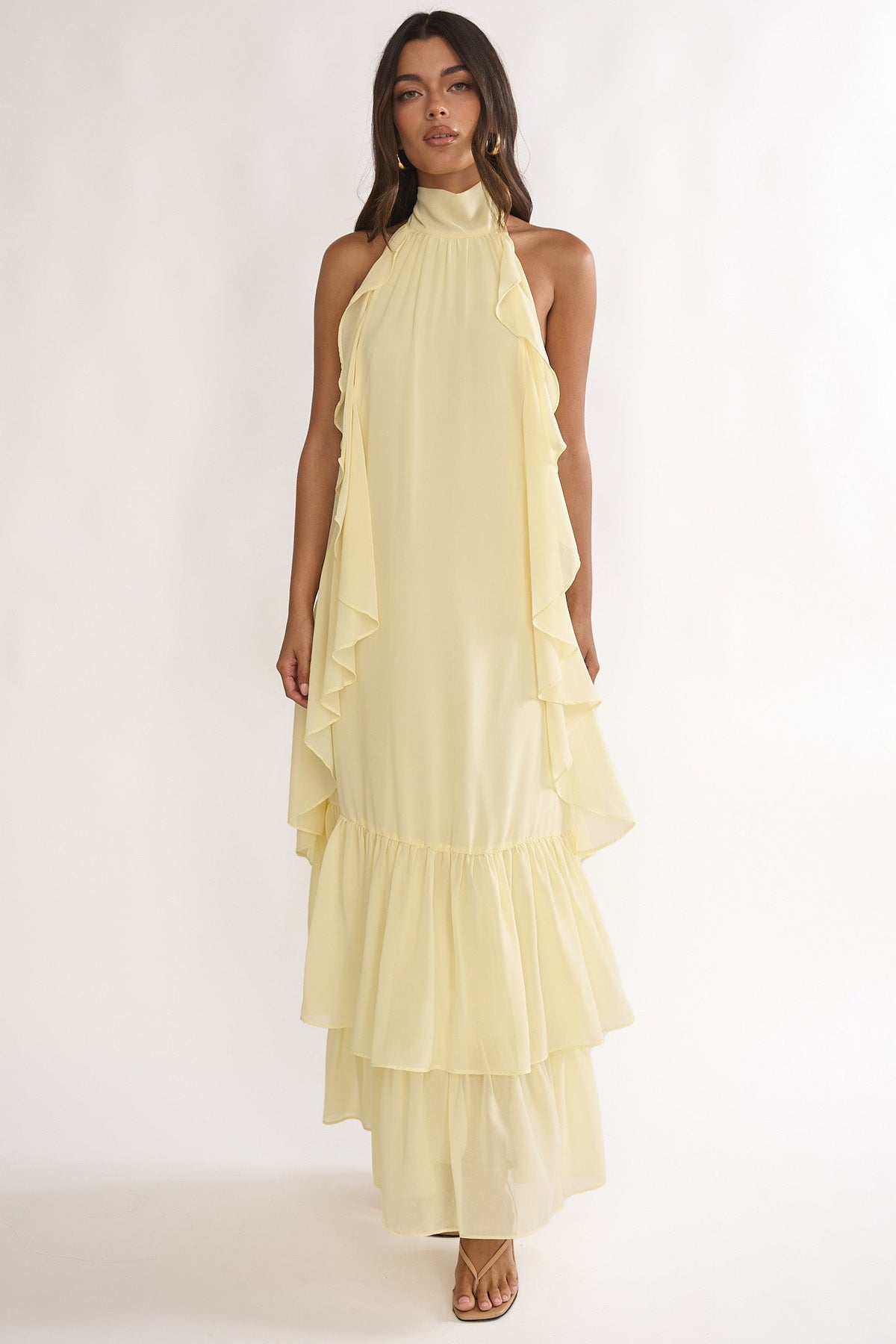 Lorina Layered Ruffle Halterneck Maxi Dress Butter