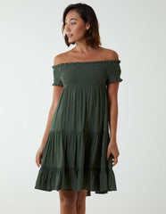 Bardot Shirred Neck Line Floaty Dress