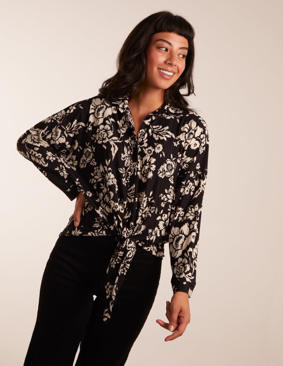 Floral Tie Front Oversized Shirt